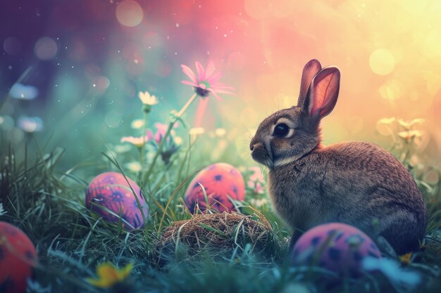 Free photo easter bunny on forest background with eggs