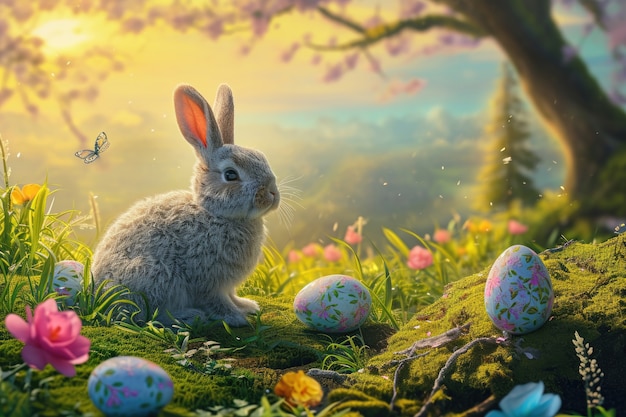 Free photo easter bunny on forest background with eggs