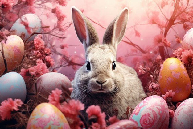 Easter bunny on forest background with eggs