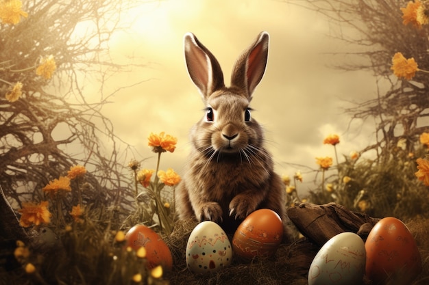 Free photo easter bunny on forest background with eggs