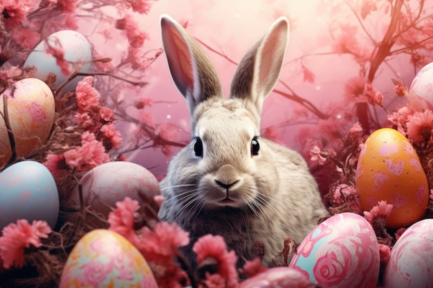 Бесплатное фото Пасхальный кролик на лесной фоне с яйцами