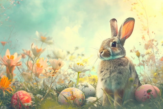 Бесплатное фото Пасхальный кролик на лесной фоне с яйцами
