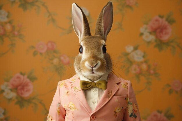 Пасхальный кролик в костюме на цветочном фоне