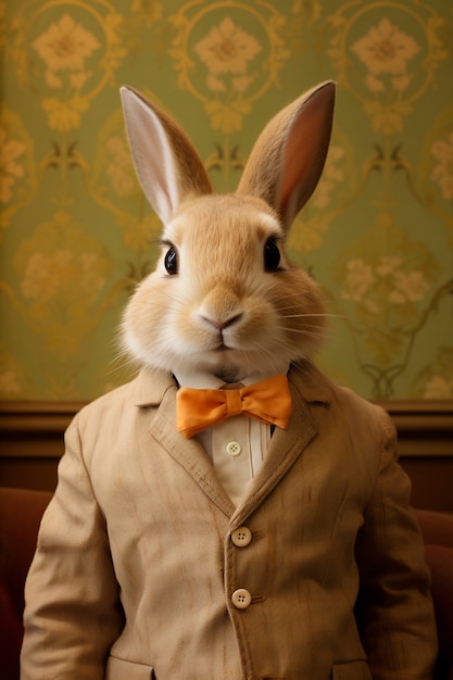 Пасхальный кролик в костюме на цветочном фоне
