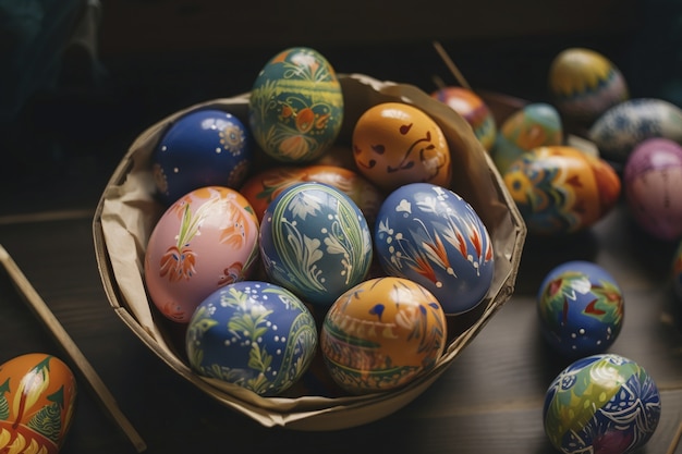Бесплатное фото Пасхальные декоративные яйца в корзине