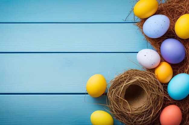 Easter eggs in a nest on a blue wooden background