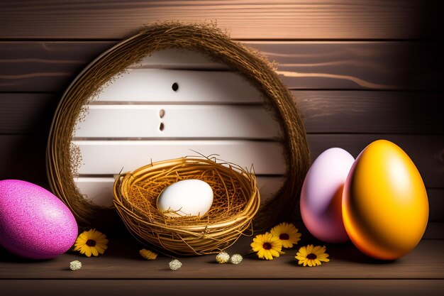 Пасхальные яйца в гнезде с цветами на деревянном фоне