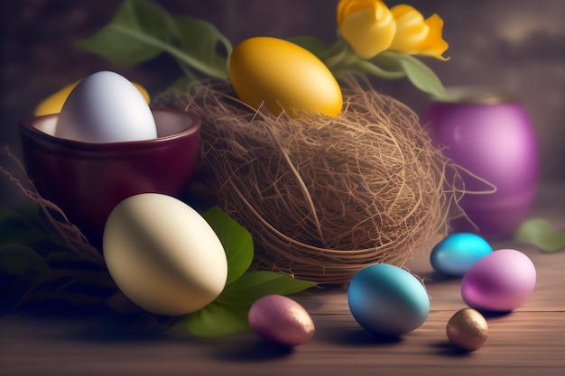 Easter eggs in a nest with tulips on the table