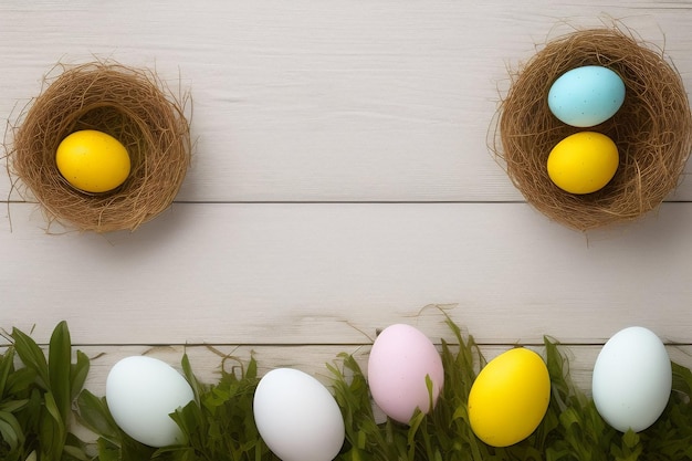 Easter eggs in a nest on a wooden table