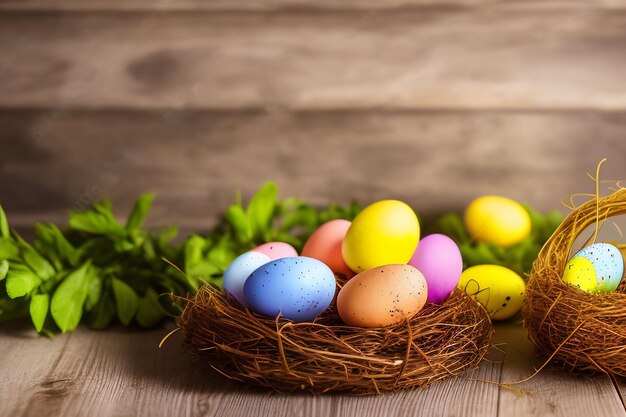 Easter eggs in a nest on a wooden table
