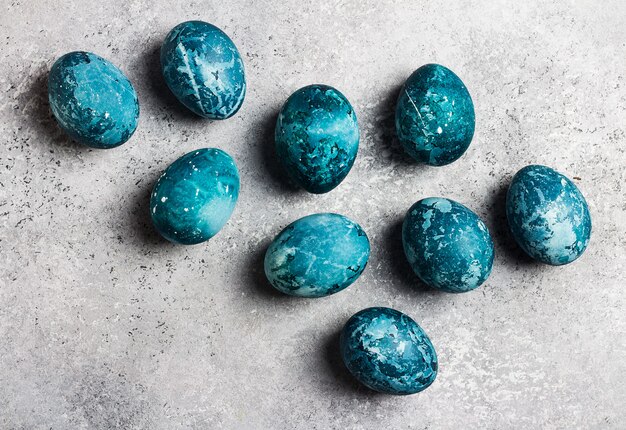 Easter eggs painted by hand in blue