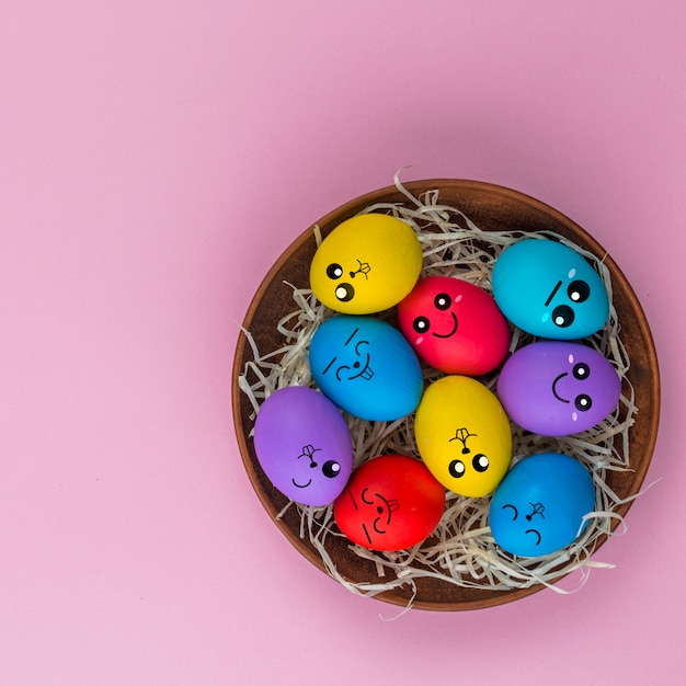 Easter eggs with painted funny faces