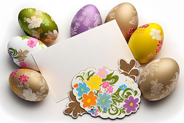 Пасхальная открытка с украшенными крашеными яйцами на белом фоне
