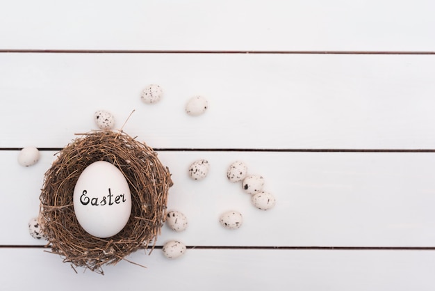 Easter inscription on egg in nest