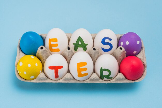 Easter inscription on eggs in rack