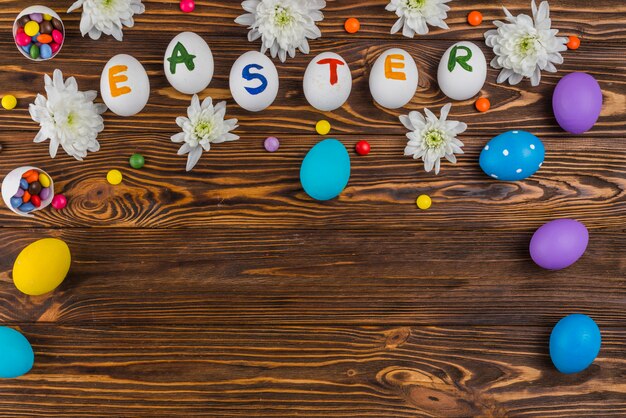 Easter inscription on white eggs with flowers 