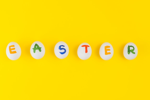 Easter inscription on white eggs on yellow table