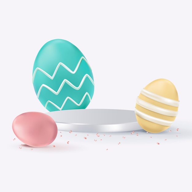 カラフルな塗られた卵とイースター製品の3D背景