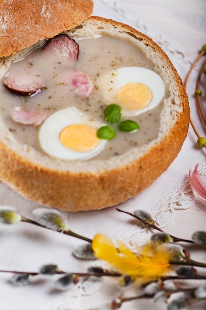 Easter white borscht in bread bowl