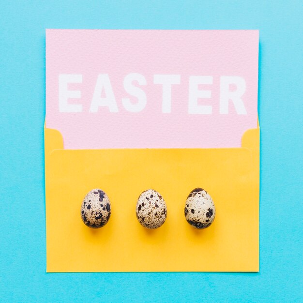 Easter word in envelope and quail eggs