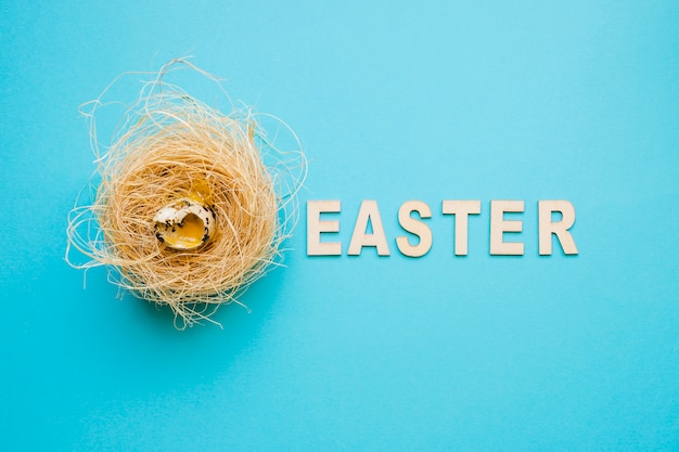 Easter word and quail egg in nest