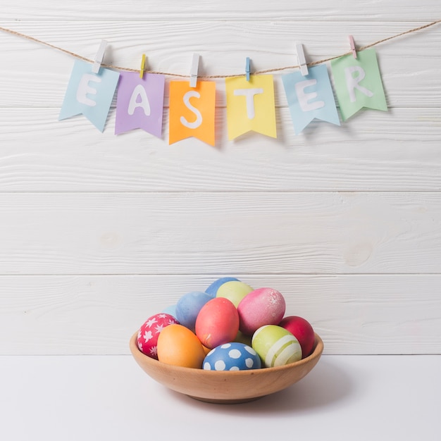 Easter writing over bowl with eggs