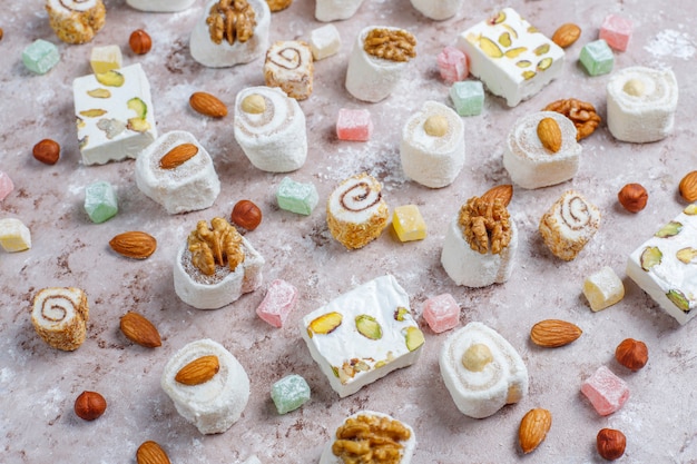 Eastern sweets.Turkish delight, lokum with nuts, top view.