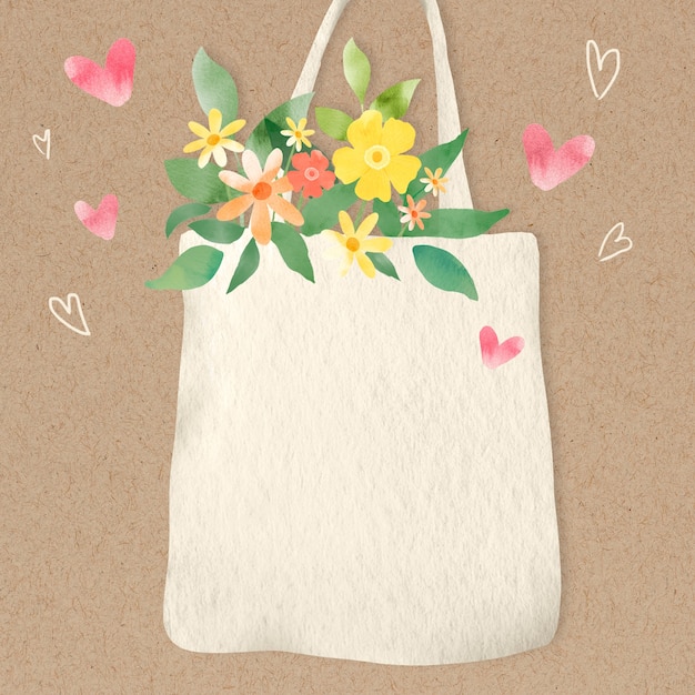 Eco-friendly background with flowers in tote bag illustration
