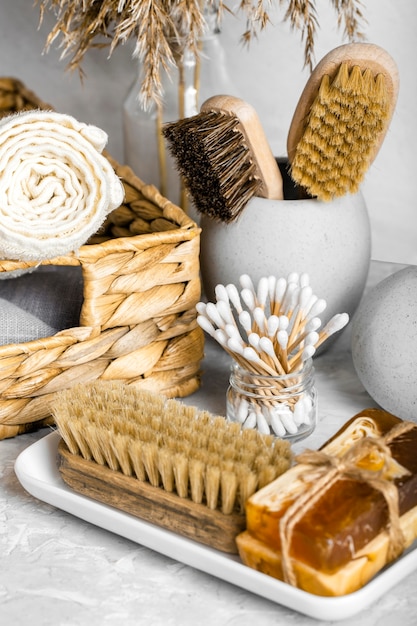 Eco-friendly cleaning products set with brushes and soaps