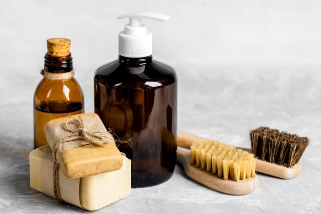 Eco-friendly cleaning products set with soaps, brushes and solution