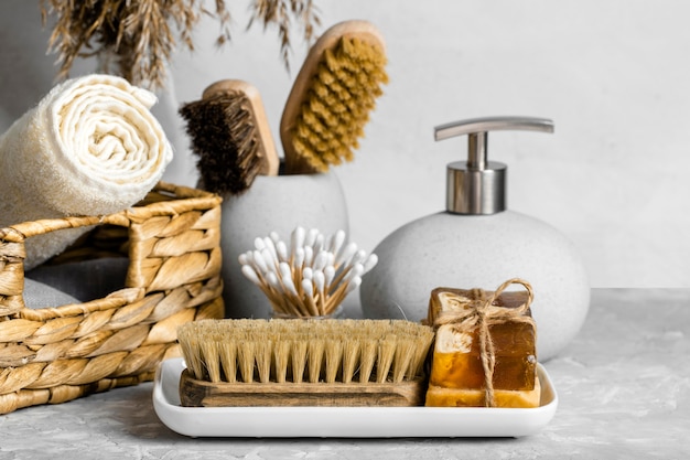 Eco-friendly cleaning products set with soaps and cottons swabs