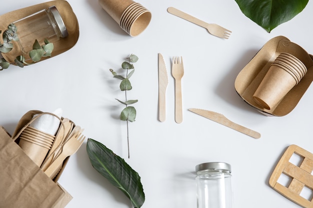 Eco friendly disposable tableware. The concept of saving the planet, the rejection of plastic.