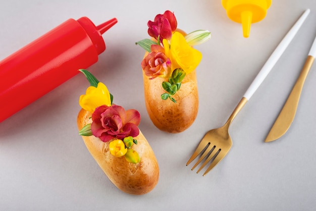 Eco hot dogs with flowers high angle