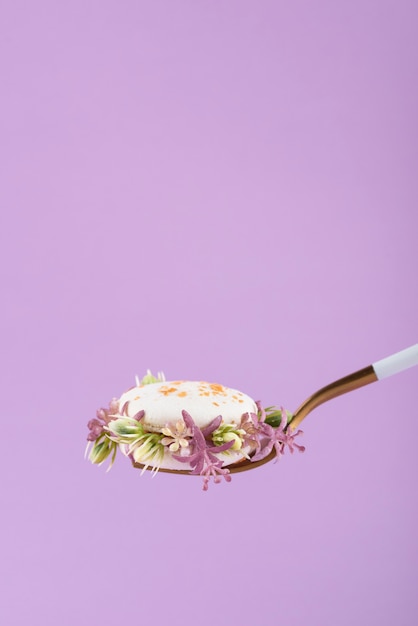 Eco macarons with flowers and purple background