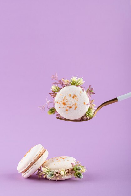 Eco macarons with flowers on purple background