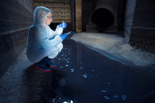 Foto gratuita ecologo che preleva un campione di acqua dal sistema fognario ed esamina la qualità e il livello di contaminazione e inquinamento