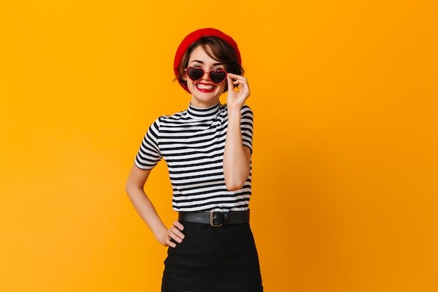 Ecstatic French Woman Wearing Beret and Heart-shaped Sunglasses