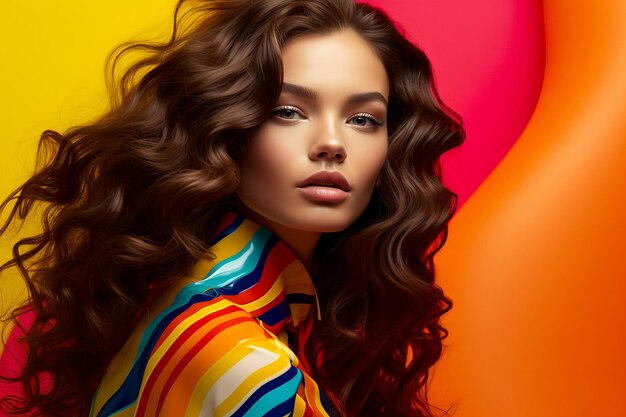 Editorial photography of a young woman long curly hair wearing a vinyl dress over a colorful backgro