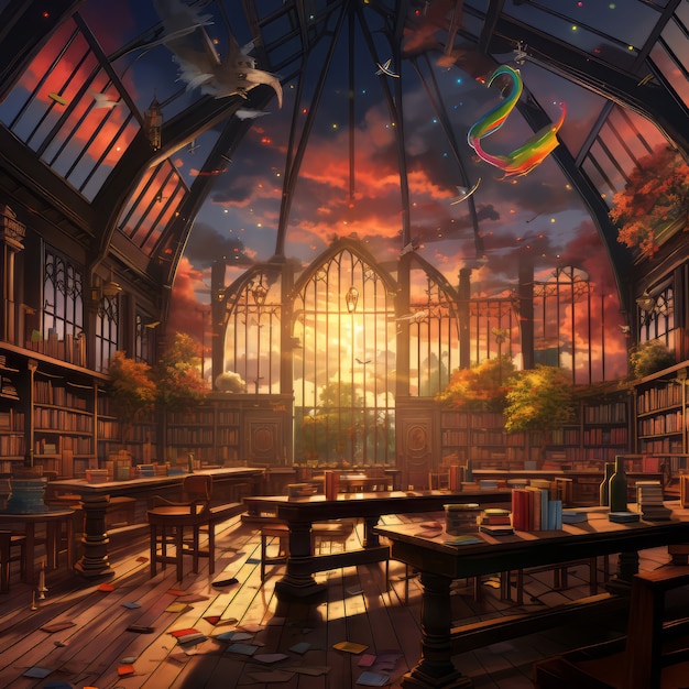 Education day scene in fantasy style and aesthetic