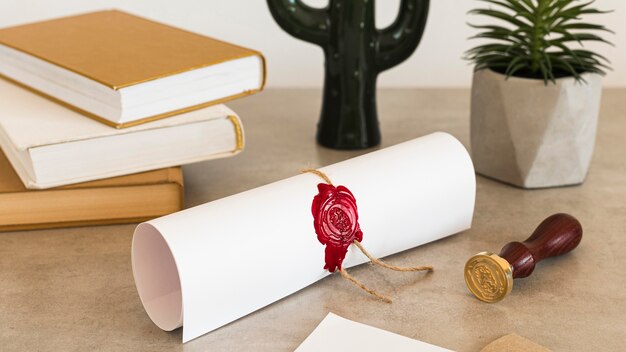 Education diploma certificate and desk objects