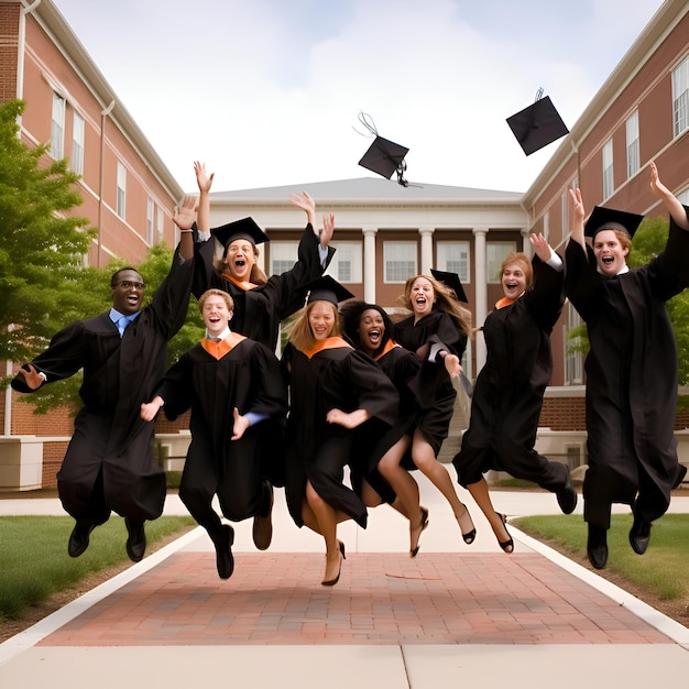 Бесплатное фото Группа счастливых студентов в минометных досках, прыгающих через школьное здание