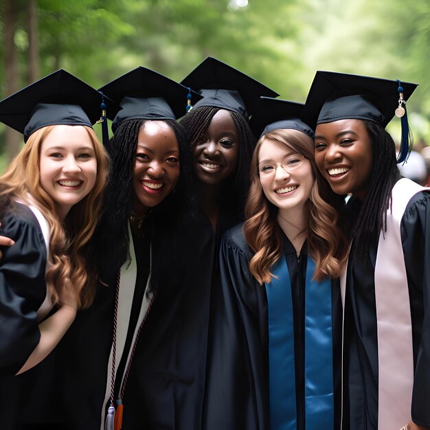 education graduation and people concept group of smiling students in mortar boards and gowns