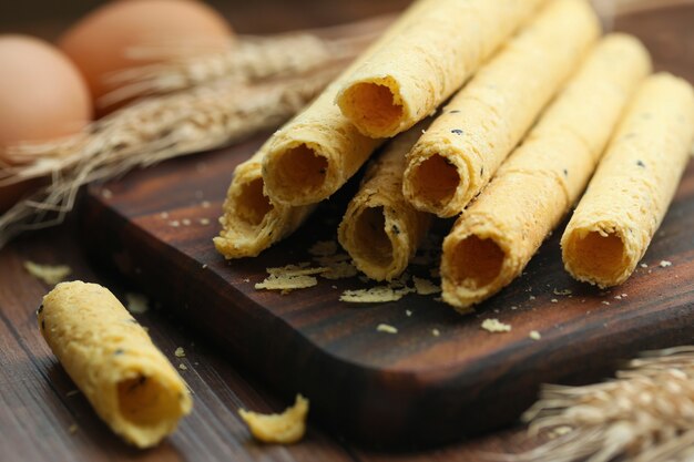 egg rolls on wood board