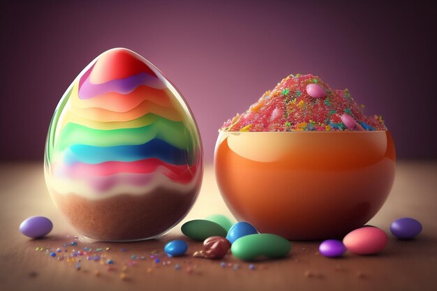 Яйцо с красочным радужным узором стоит рядом с миской с конфетами.