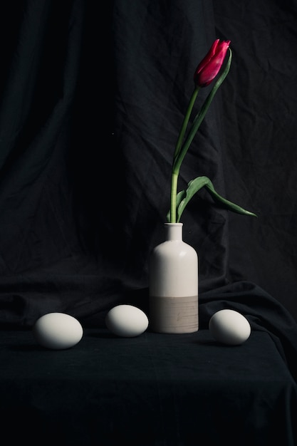 Eggs near fresh red flower in vase