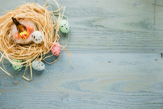 Eggs near toy hen in nest