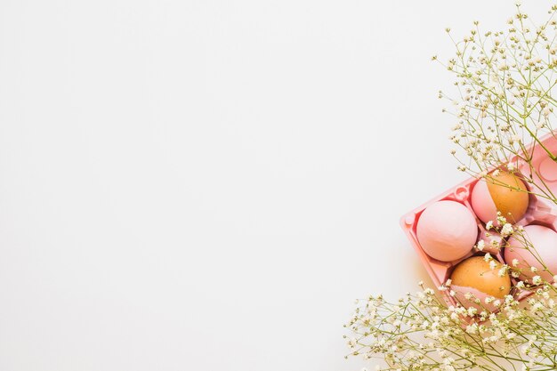 Eggs in rack and small flowers