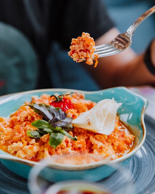 Eggs with tomato mint basil lavash side view