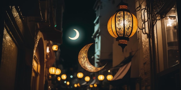 Lampade o lanterne eid per il ramadan e altre festività musulmane islamiche con spazio per la copia del testo generato