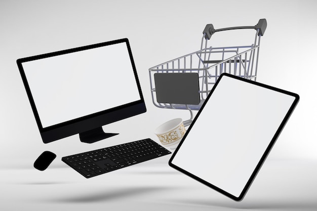 Eid Shopping Trolley and Tablet with PC Perspective Side In White Background